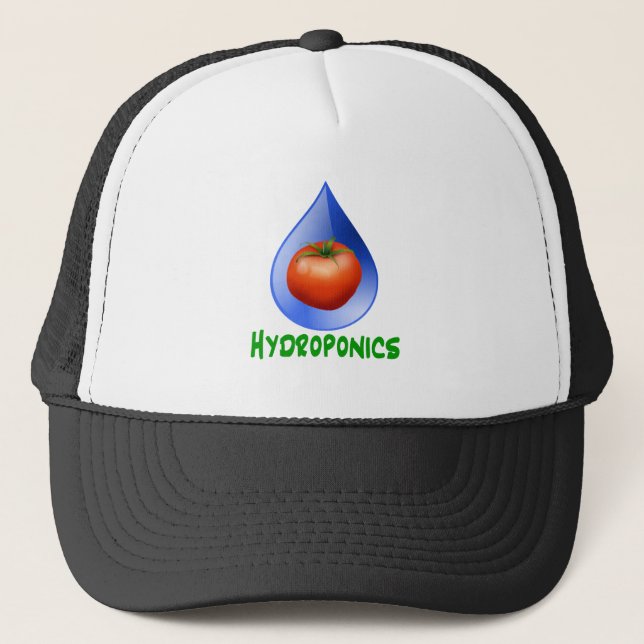 Hydroponics-Tomato, Green Text, Blue drop Trucker Hat (Front)