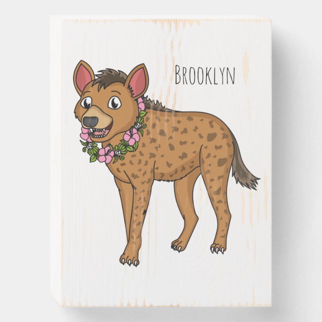Hyena and flowers cartoon illustration wooden box sign (Front Vertical)