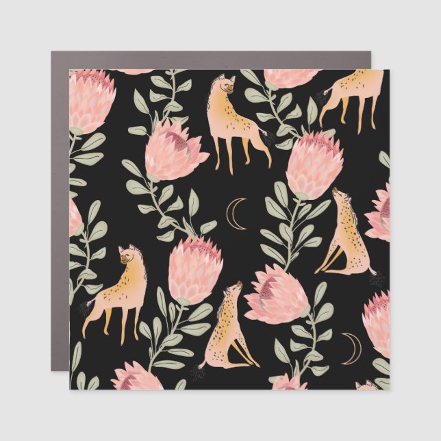 Hyena & Protea: Black Background Seamless Car Magnet (Front)