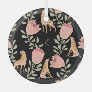 Hyena & Protea: Black Background Seamless Glass Ornament