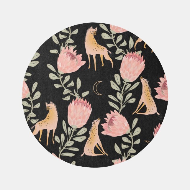 Hyena & Protea: Black Background Seamless Rug (Front)