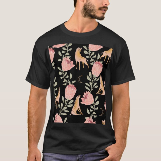 Hyena & Protea: Black Background Seamless T-Shirt (Front)