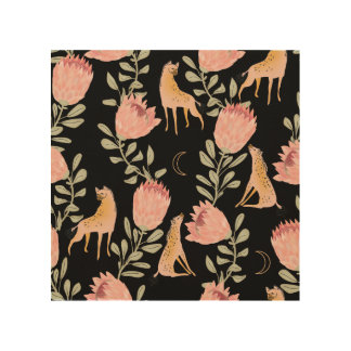Hyena & Protea: Black Background Seamless Wood Wall Art