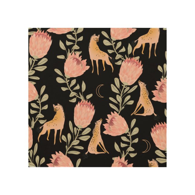 Hyena & Protea: Black Background Seamless Wood Wall Art (Front)