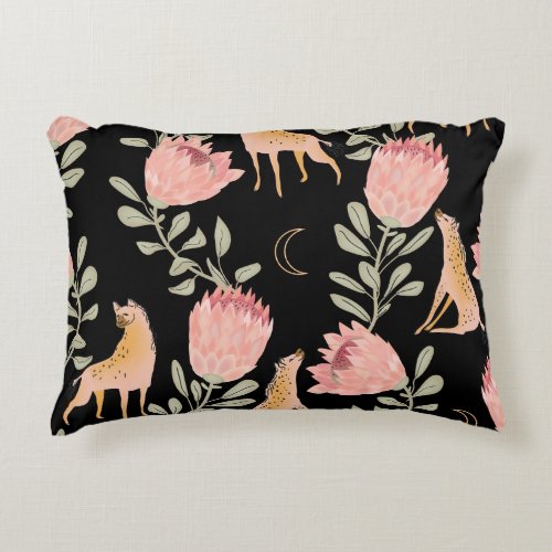 Hyena  Protea Dark Vintage Pattern Accent Pillow