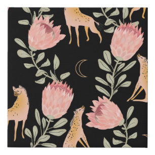 Hyena & Protea: Dark Vintage Pattern Faux Canvas Print