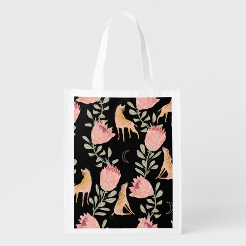 Hyena  Protea Dark Vintage Pattern Grocery Bag