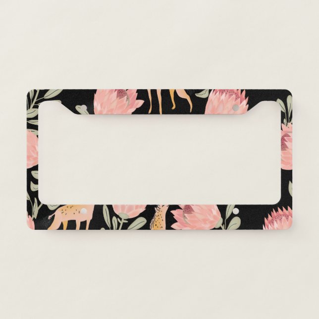 Hyena & Protea: Dark Vintage Pattern License Plate Frame (Front)
