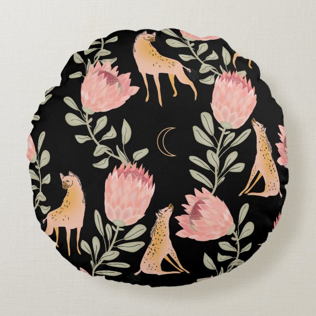 Hyena & Protea: Dark Vintage Pattern Round Pillow (Front)
