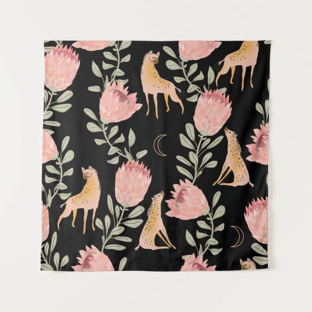 Hyena & Protea: Dark Vintage Pattern Tapestry (Front)