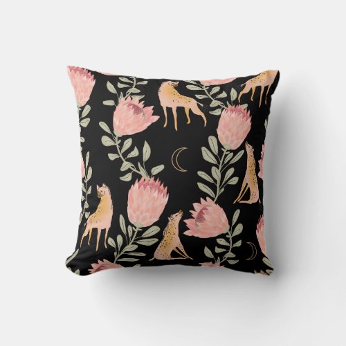 Hyena  Protea Dark Vintage Pattern Throw Pillow