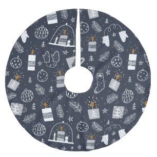 Hygee dark blue white cozy candles mittens gifts brushed polyester tree skirt