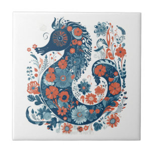 Hygge Blue Floral Seahorse Scandinavian Folk Art Ceramic Tile