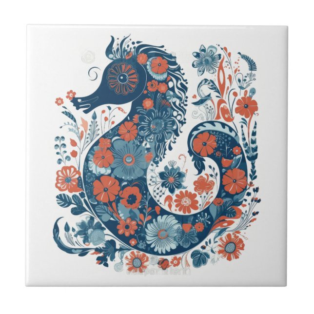 Hygge Blue Floral Seahorse Scandinavian Folk Art Ceramic Tile (Front)