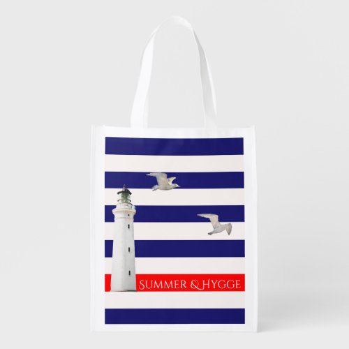 Hygge blue white nautical stripes lighthouse grocery bag