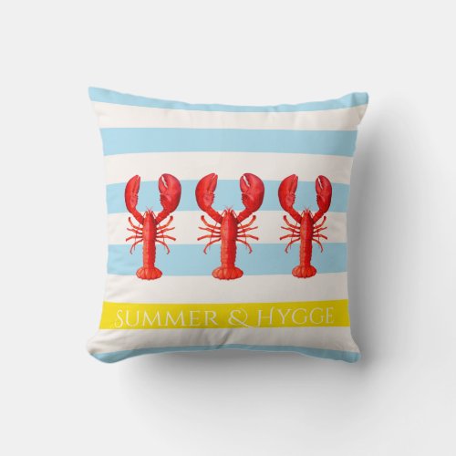 Hygge blue white summer stripes red lobsters throw pillow