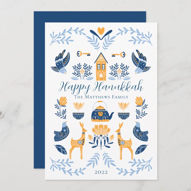 Hygge Blue | Yellow Unique Happy Hanukkah Holiday Card (Front/Back)