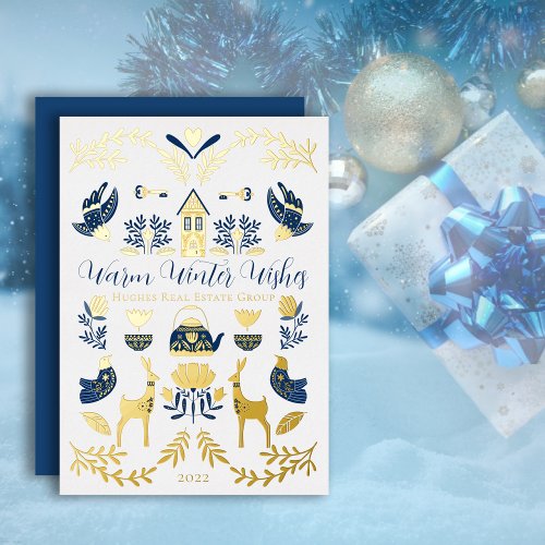 Hygge Blue  Yellow Unique Warm Winter Wishes  Foil Holiday Card