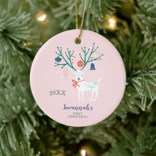 Hygge Blush Pink Reindeer Babys First Christmas Ceramic Ornament