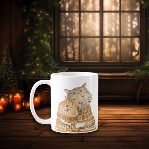 Hygge Cat Hugs Snuggles in Warm Winter Sweaters Coffee Mug