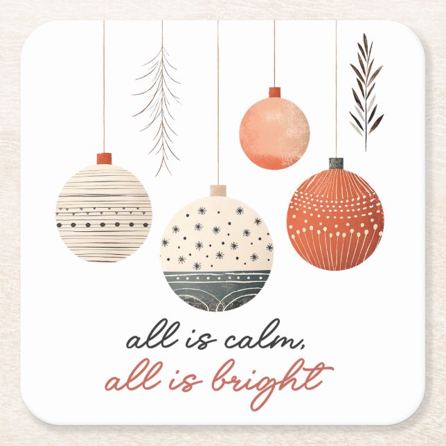 Hygge Christmas Baubles Square Paper Coaster (Front)