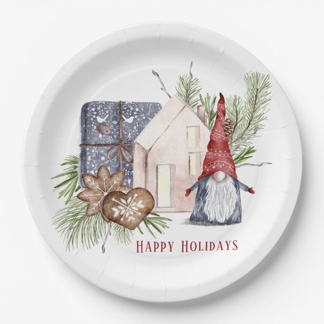 Hygge Christmas Cute Gnome Nordic Holidays Name Paper Plates (Front)