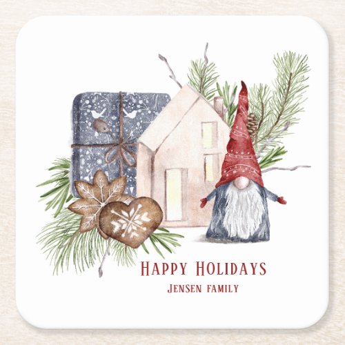 Hygge Christmas Cute Gnome Nordic Holidays Name Square Paper Coaster