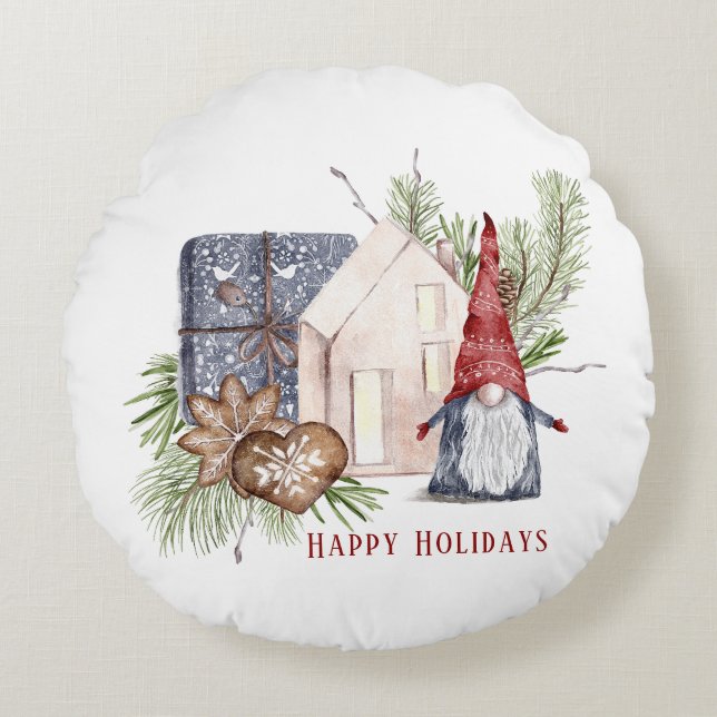 Hygge Christmas Cute Gnome Nordic Holidays Round Pillow (Front)