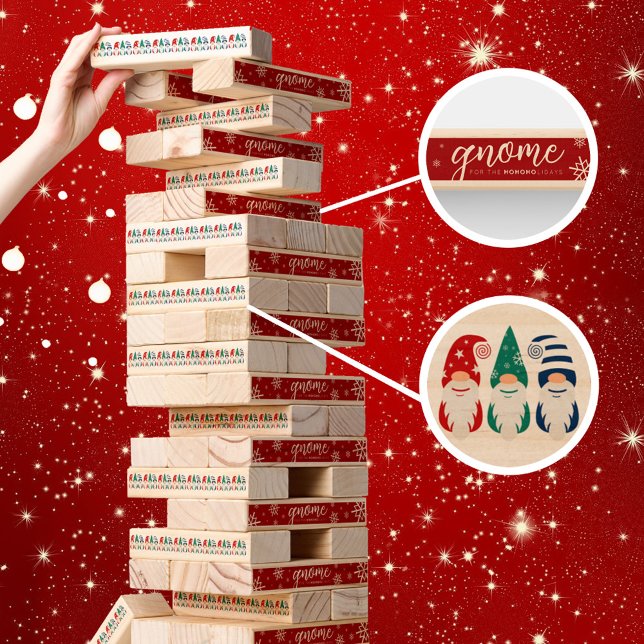 Hygge Christmas Gnome for the Holidays Snowflakes Topple Tower (funny christmas gnome for the hohoholidays topple tower on a festive red starry background.)