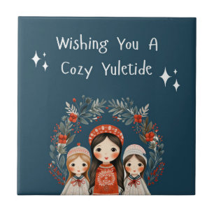 Hygge Christmas Mother and Daughters Wreath Ceramic Tile