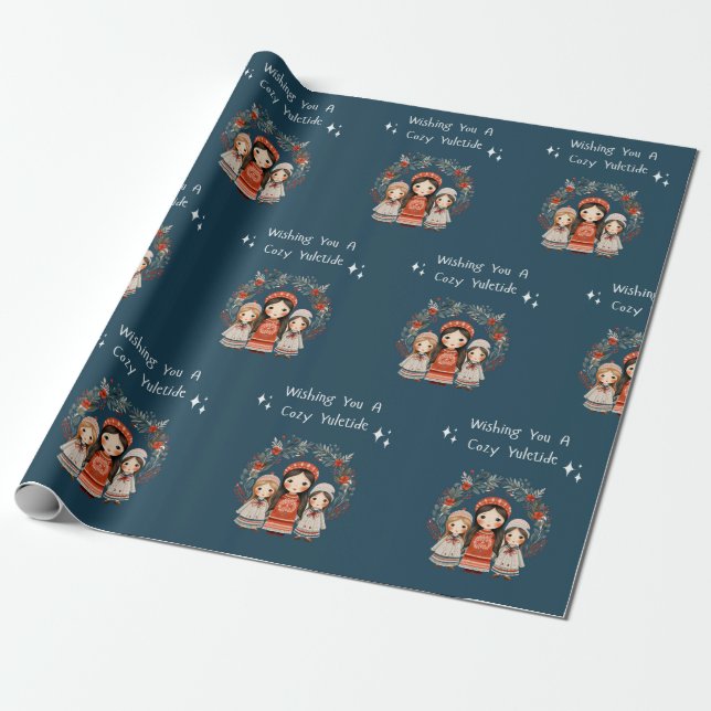 Hygge Christmas Mother and Daughters Wreath Wrapping Paper (Unrolled)