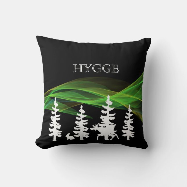 Hygge forest in black white and northern lights throw pillow (Front)