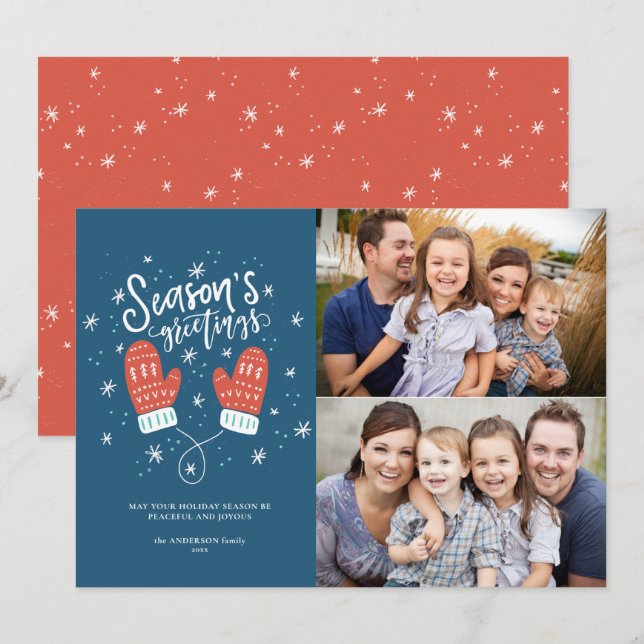 Hygge Mittens 2 Photo Christmas Holiday Flat Card (Front/Back)