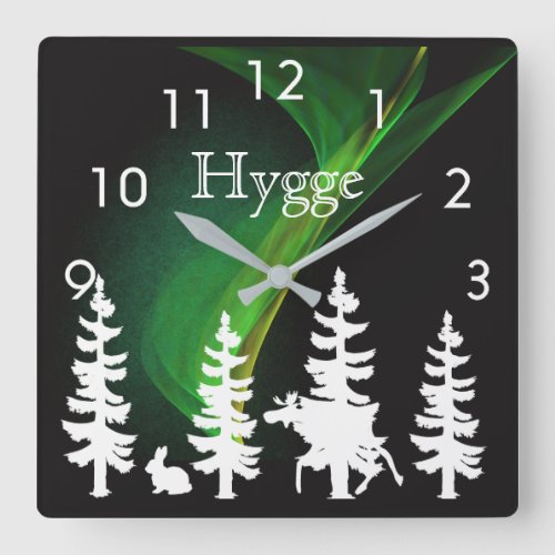 Hygge nordic woods silhouettes and northern lights square wall clock