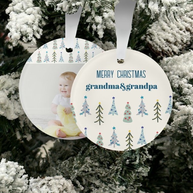 Hygge Scandinavian Babys 1st Christmas trees photo Ornament (Custom Scandinavian Christmas tress photo ornament with your text and photo)