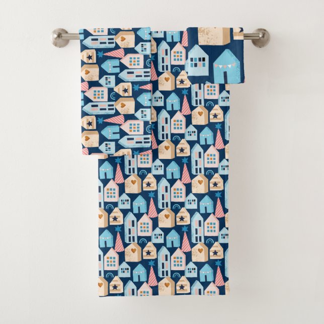 Hygge Scandinavian Nordic Houses Christmas pattern Bath Towel Set (Insitu)