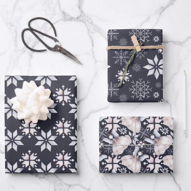 Hygge Snowflakes and Fairies Christmas Wrapping Paper Sheets (Front)