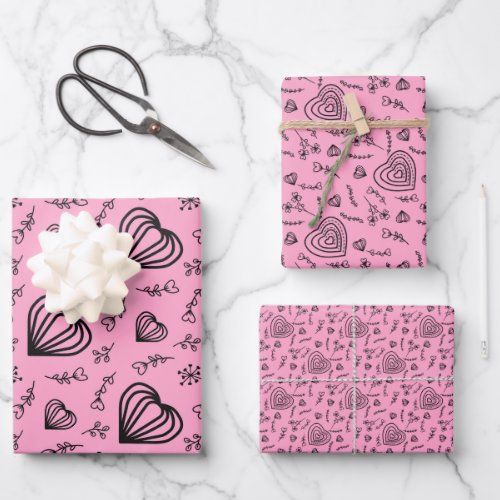 Hygge Valentines Hearts  Flowers Pink Wrapping Paper Sheets