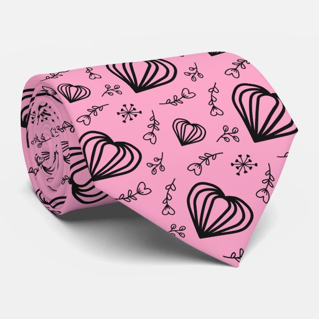Hygge Valentine's Hearts & Flowers Rose Pink Neck Tie (Rolled)
