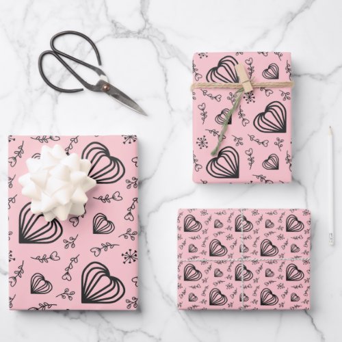 Hygge Valentines Hearts  Flowers Soft Pink Wrapping Paper Sheets