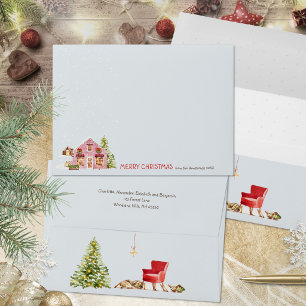 Hygge Watercolor Pink Winter Village Christmas Envelope