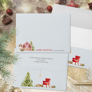 Hygge Watercolor Pink Winter Village Christmas Envelope