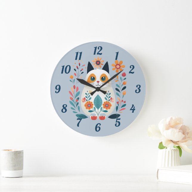 Hygge White Flower Cat Folk Art Large Clock (Home)