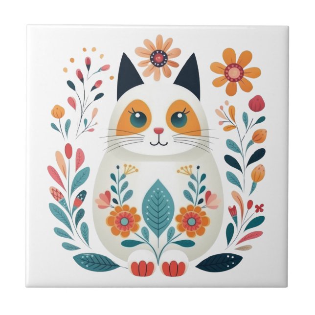Hygge White Flower Cat Scandinavian Folk Art Ceramic Tile (Front)