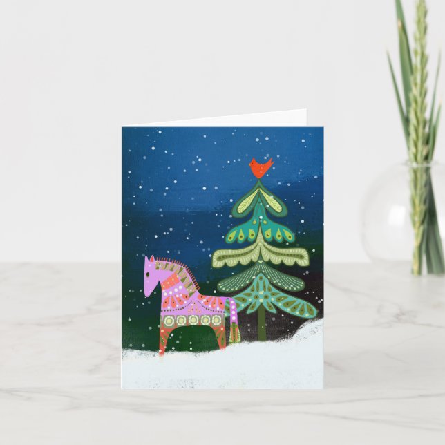 Hygge Winter Horse and Tree BLANK Greeting Card (Front)