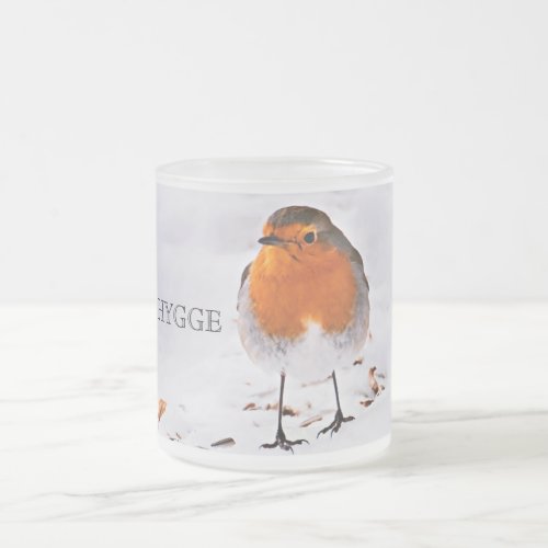 Hygge with a cute robin bird in snow frosted glass coffee mug