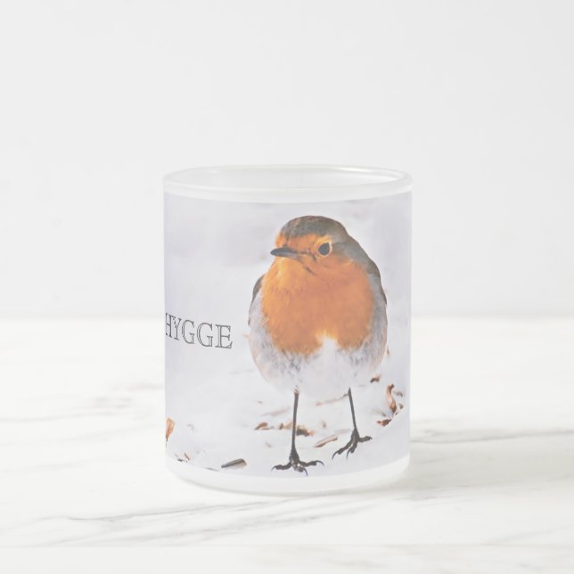 Hygge with a cute robin bird in snow frosted glass coffee mug (Center)