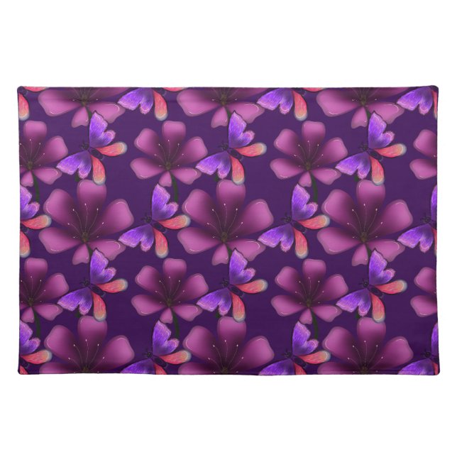 Hyper-Bloom Purple Butterfly: Dark  Floral  Cloth Placemat (Front)