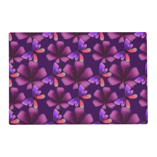 Hyper-Bloom Purple Butterfly: Dark  Floral  Placemat (Front)