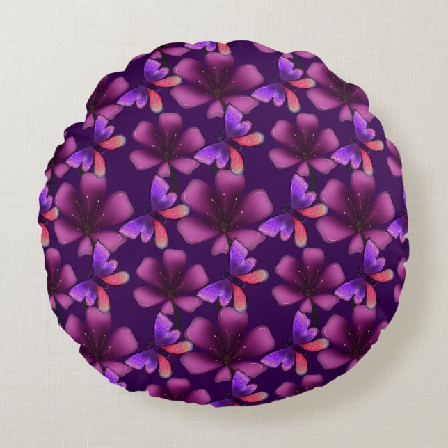 Hyper-Bloom Purple Butterfly: Dark  Floral  Round Pillow (Front)